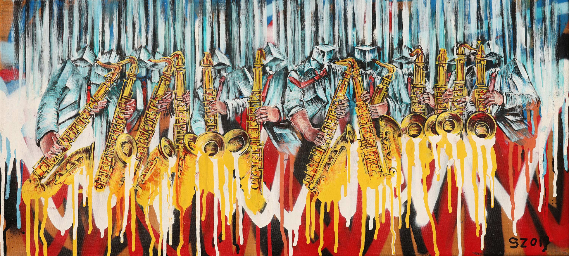 A painting of an artistic depiction of saxophone players with cube heads and abstract background