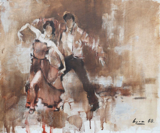 Artistic depiction of a couple sitting together on a bench with abstract brown and beige background.