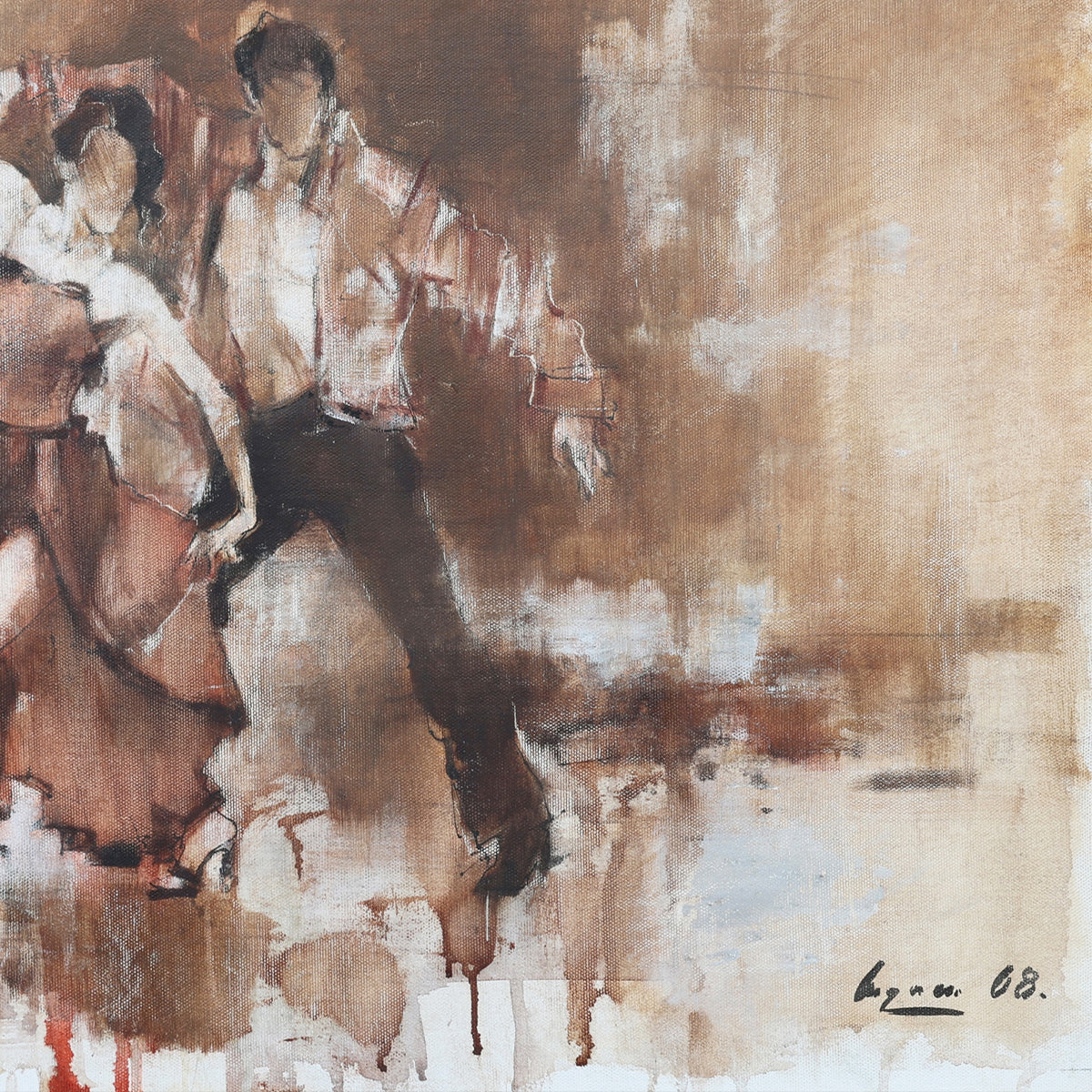 Abstract painting of two figures in a dance pose on a textured brown background.