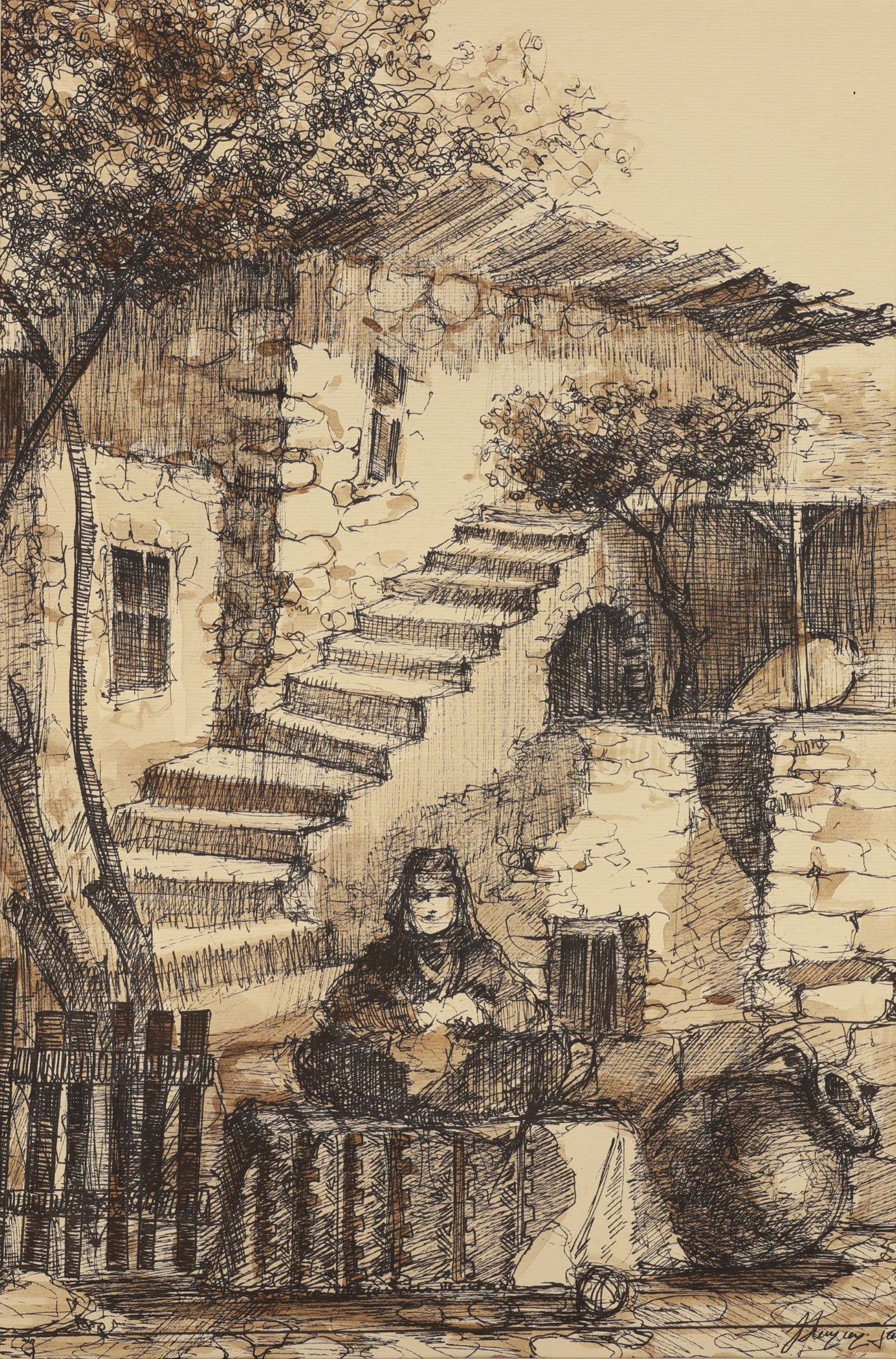 Sketch of a woman playing a guitar in front of a stone building with steps.