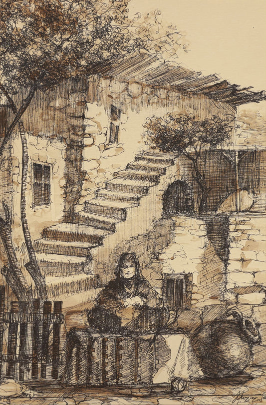 Sketch of a woman playing a guitar in front of a stone building with steps.