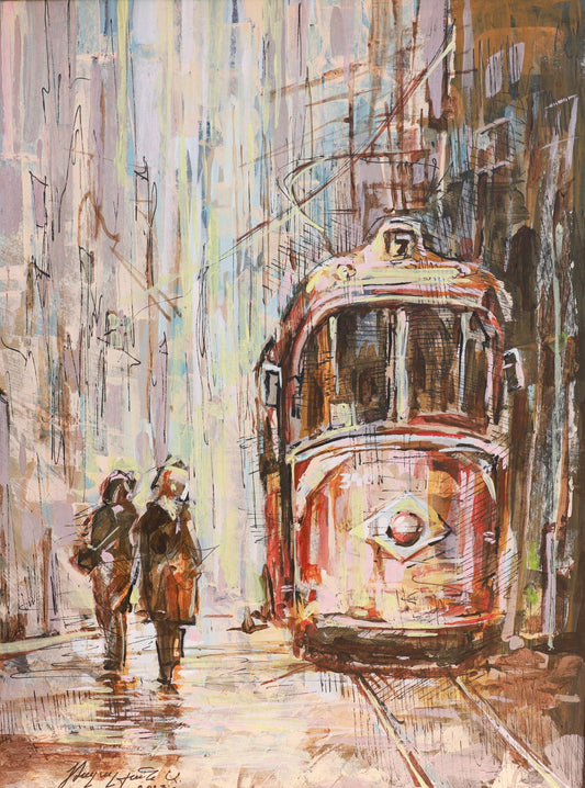 Abstract painting of a tram and two people on a street