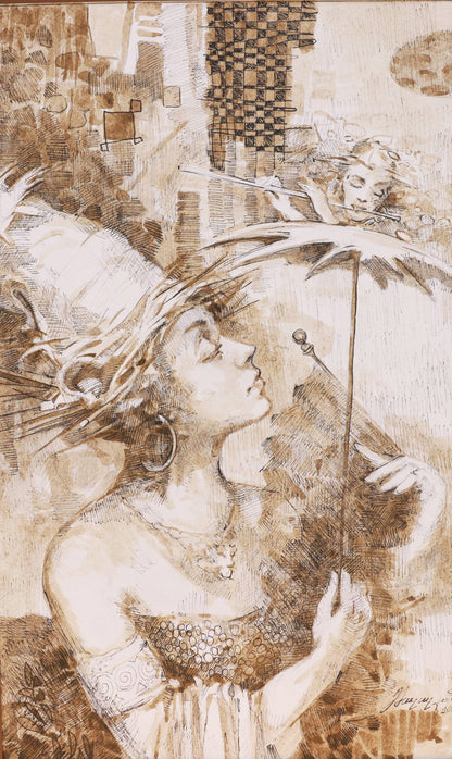 Artistic depiction of a woman with a microphone and a man playing a violin, using a collage of textured patterns.