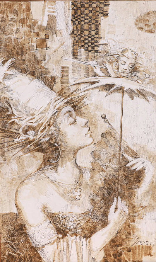 Artistic depiction of a woman with a microphone and a man playing a violin, using a collage of textured patterns.