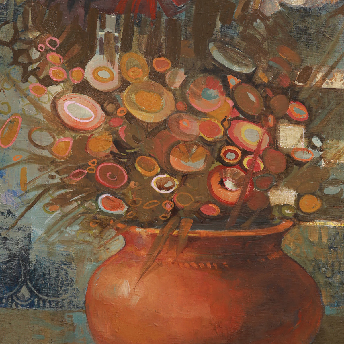 Artistic depiction of a vase with flowers and a patterned background