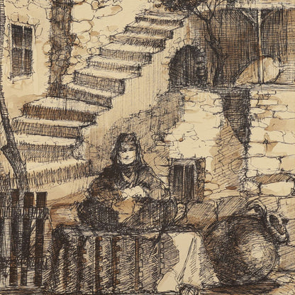 Sketch of a person sitting on steps in an urban setting with stone walls and a window.