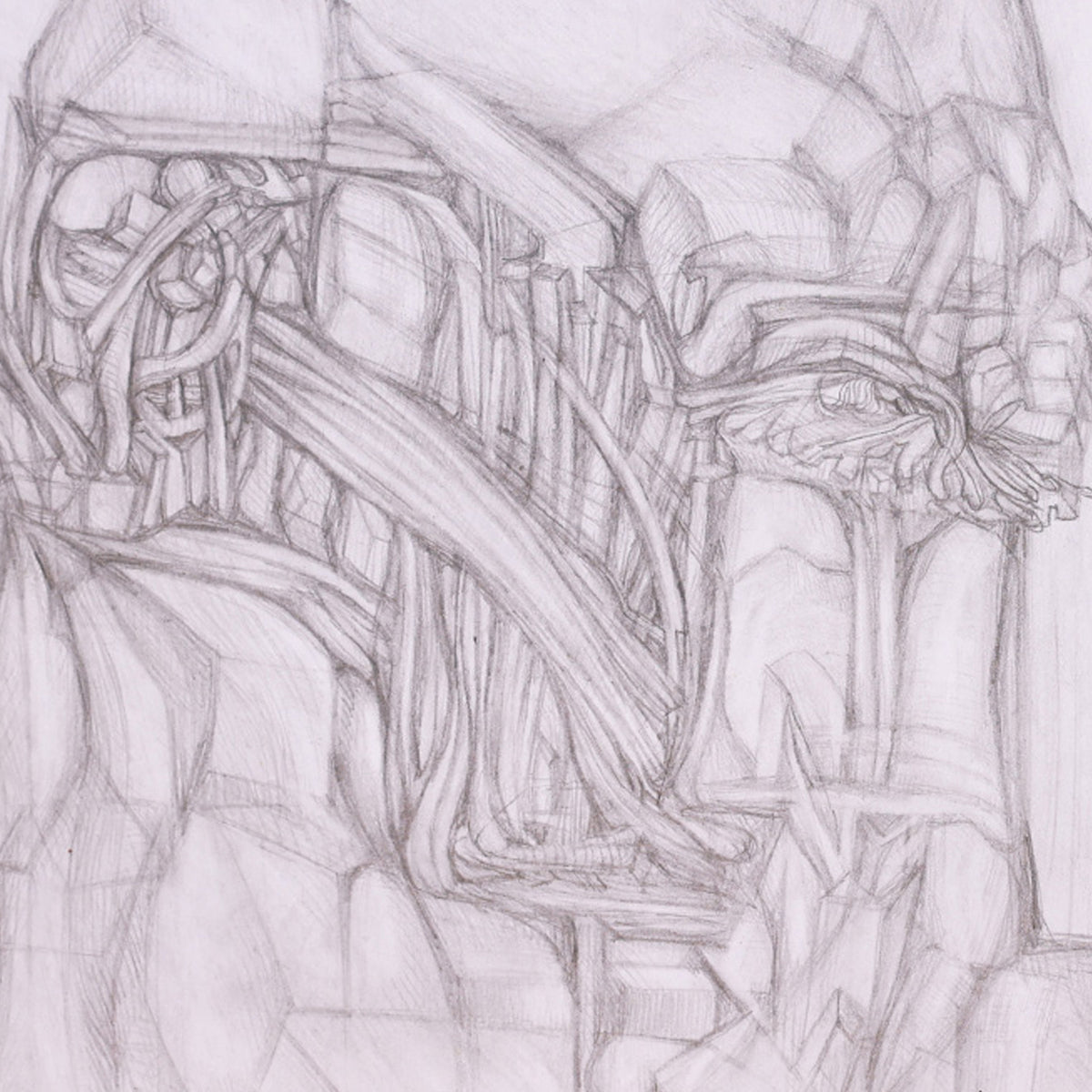 Abstract pencil drawing with intricate lines and shapes