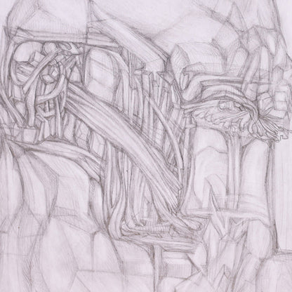 Abstract pencil drawing with intricate lines and shapes
