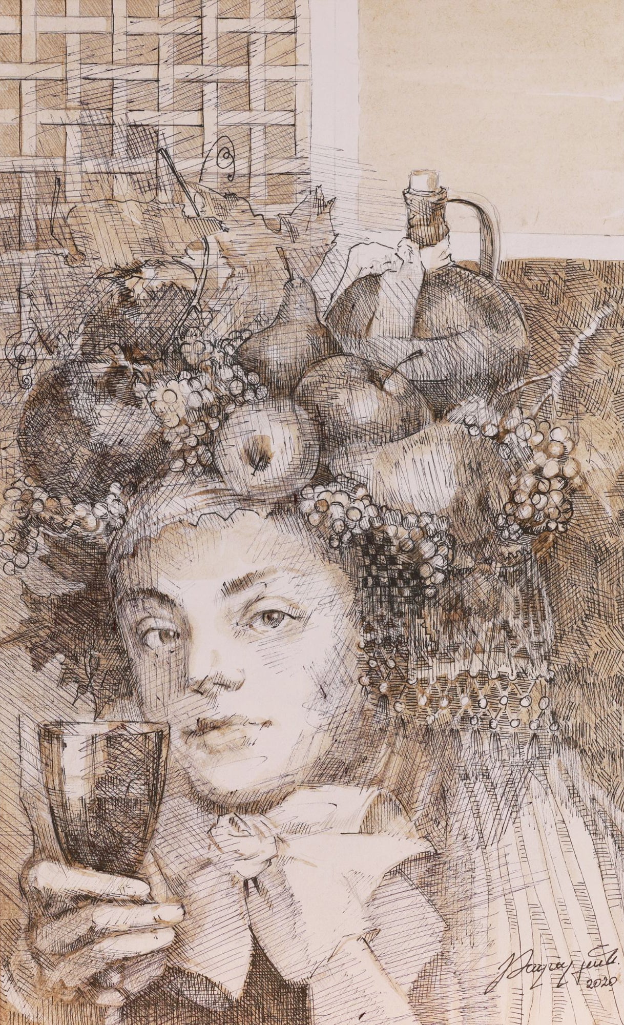 Artistic depiction of a woman with fruit crown holding a glass, with a woven basket in the background.
