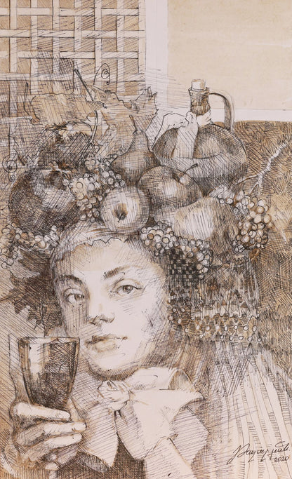Artistic depiction of a woman with fruit crown holding a glass, with a woven basket in the background.