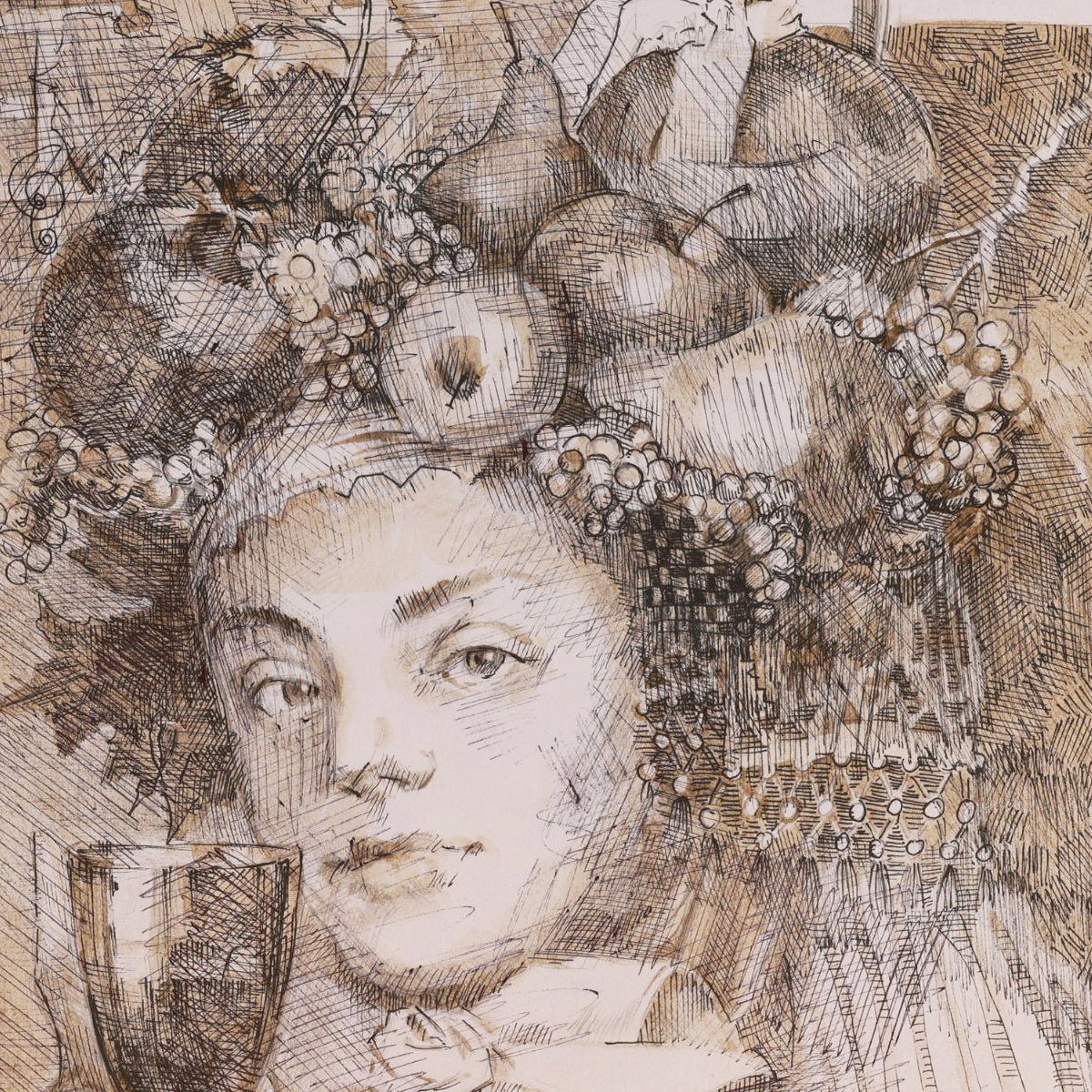 Artistic depiction of a woman's face with intricate details and decorative elements.