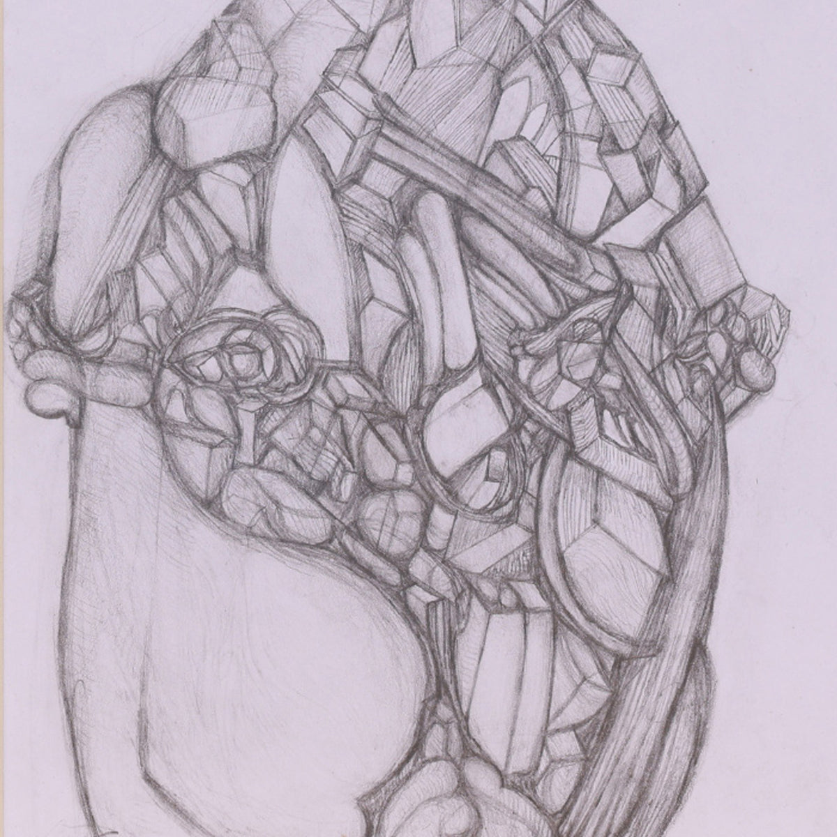 Pencil drawing of a stylized heart with geometric patterns on a white background