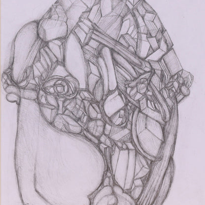 Pencil drawing of a stylized heart with geometric patterns on a white background