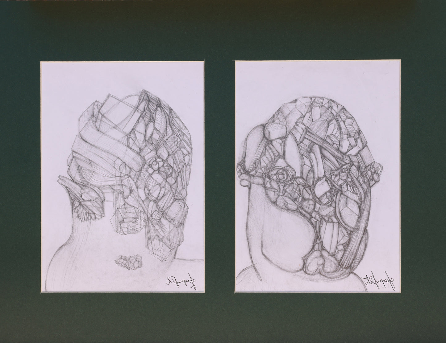 Two black and white line drawings of abstract masks on a dark background