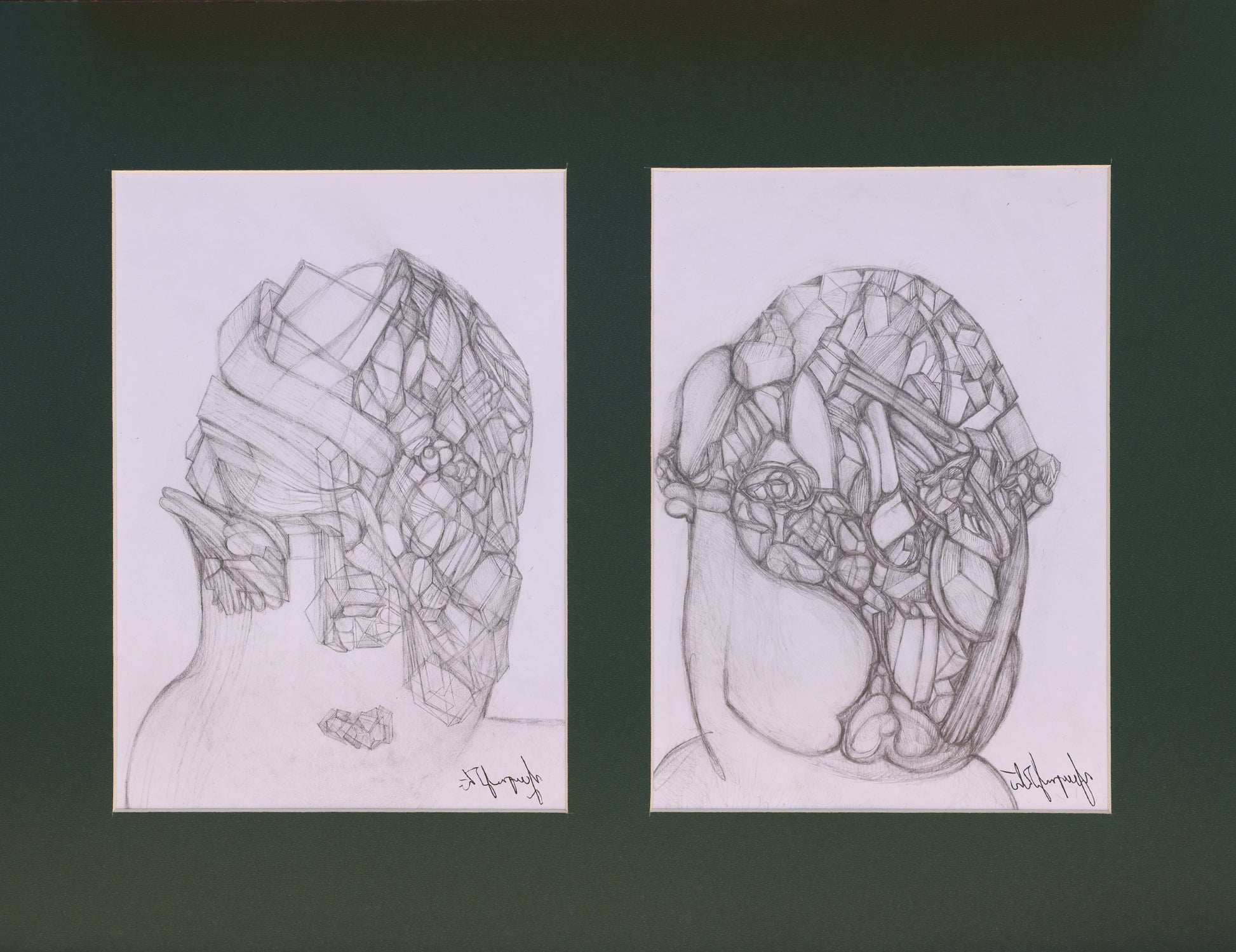 Two black and white line drawings of abstract masks on a dark background