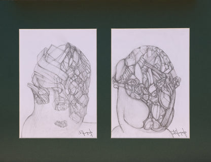 Two black and white line drawings of abstract masks on a dark background