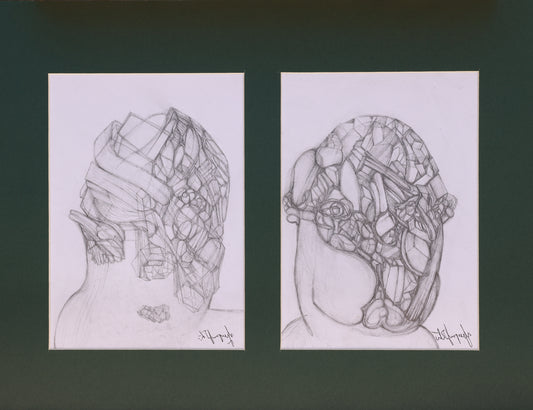 Two black and white line drawings of abstract masks on a dark background