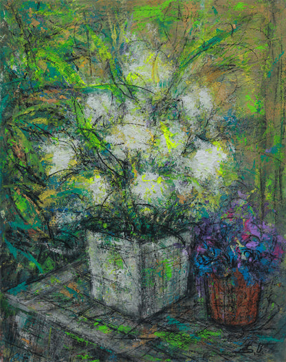 Abstract painting of flowers in pots on a table