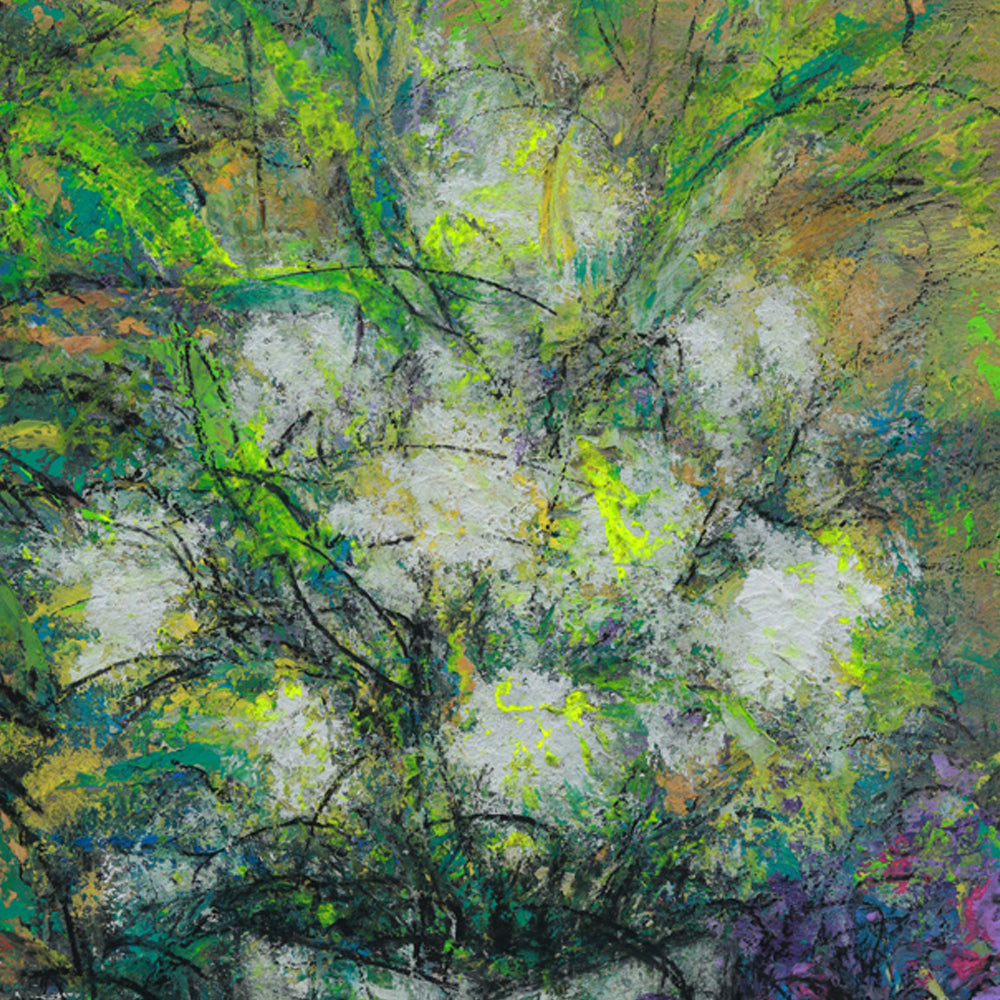 Abstract artwork with a mix of green, white, and purple colors.