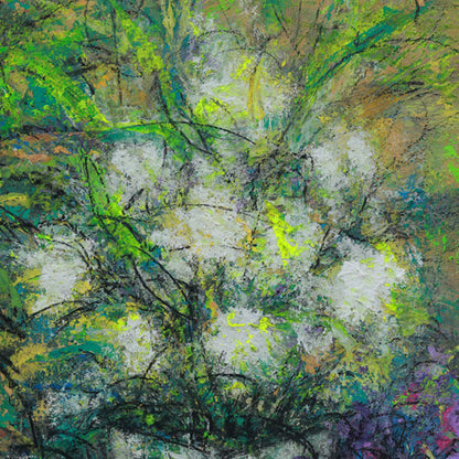 Abstract artwork with a mix of green, white, and purple colors.