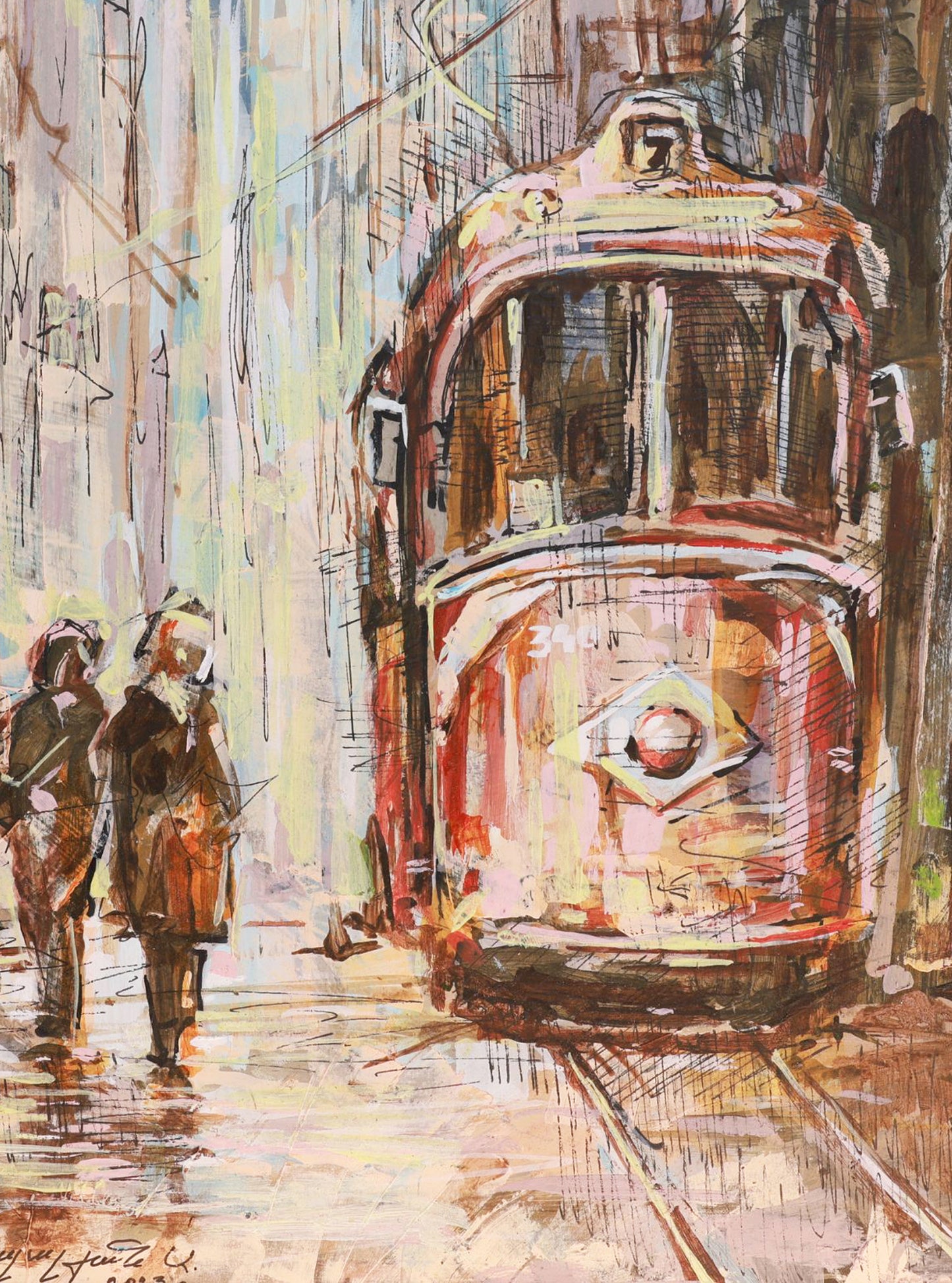 Artistic depiction of a tram and pedestrians on a street