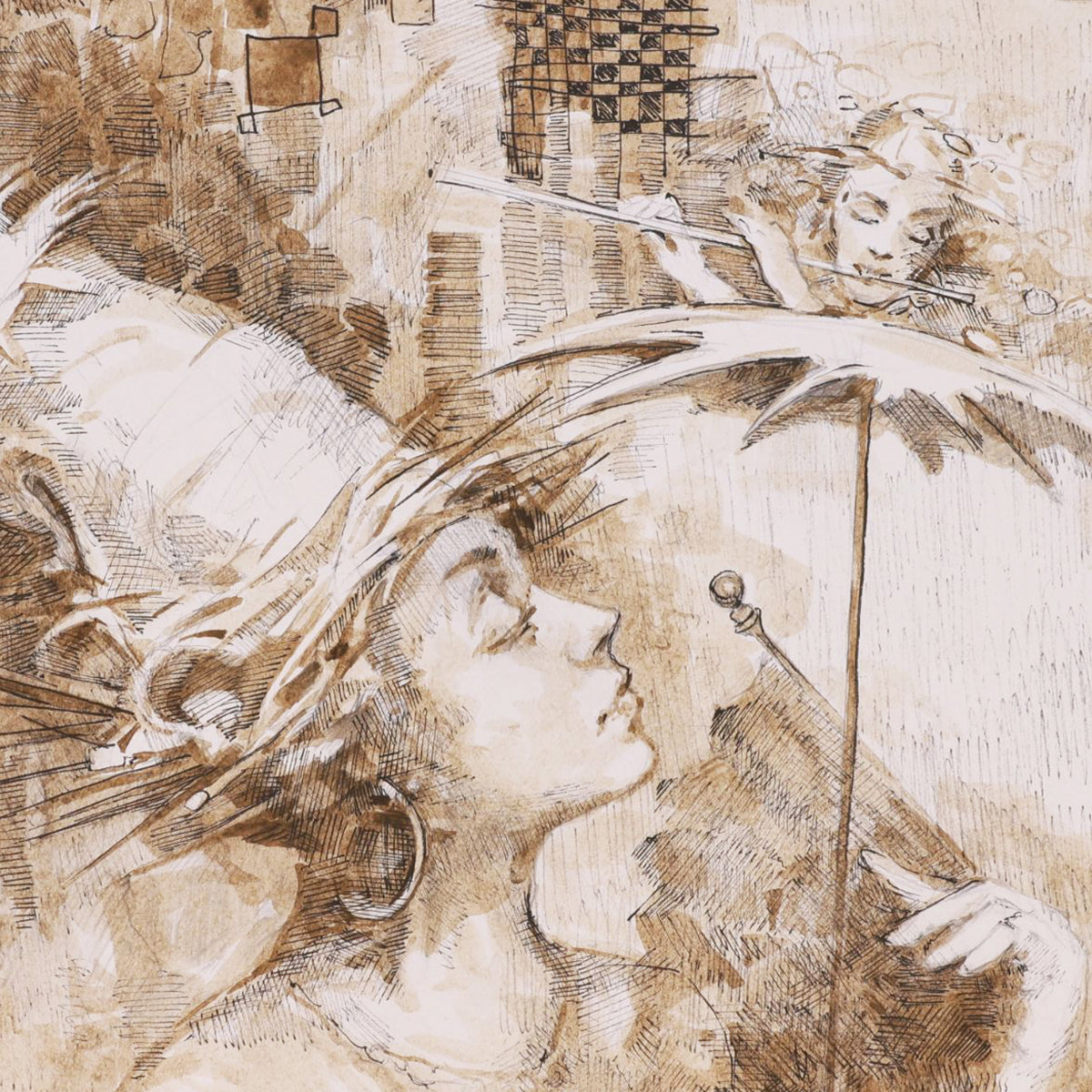 Artistic depiction of a woman with a hat and a checkered pattern in the background