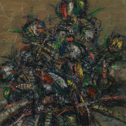 Abstract artwork with a mix of colors on a textured surface