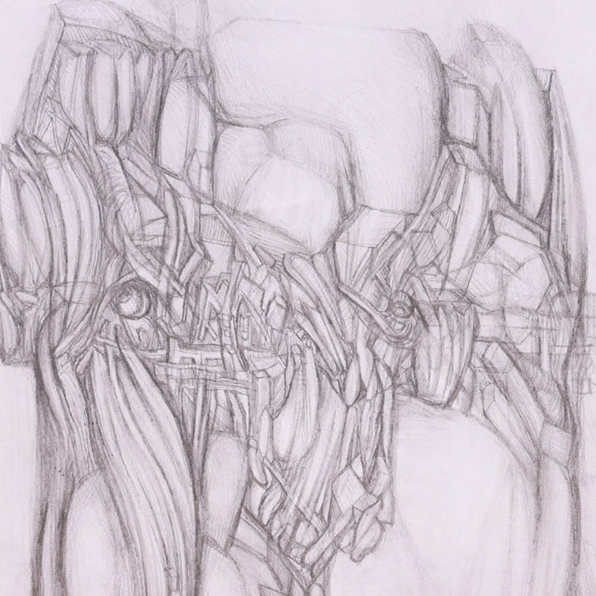 Abstract pencil drawing with geometric shapes and lines on a white background