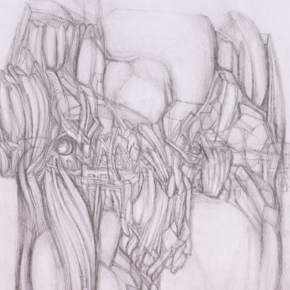 Abstract pencil drawing with geometric shapes and lines on a white background