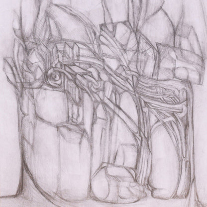 Abstract pencil drawing of intertwined branches and shapes on a light gray background