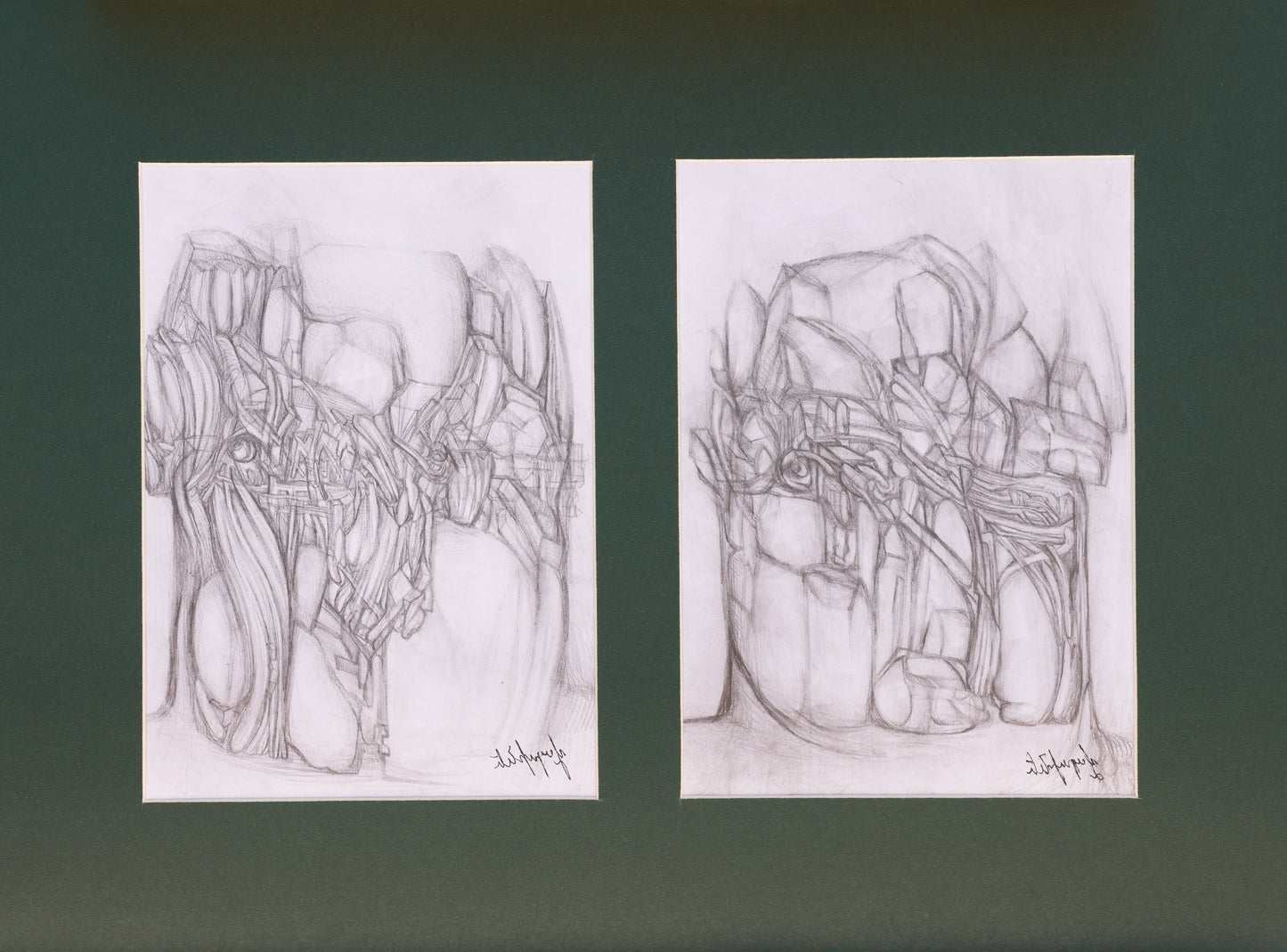 Two pencil sketches of abstract figures on a green background