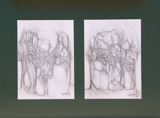 Two pencil sketches of abstract figures on a green background