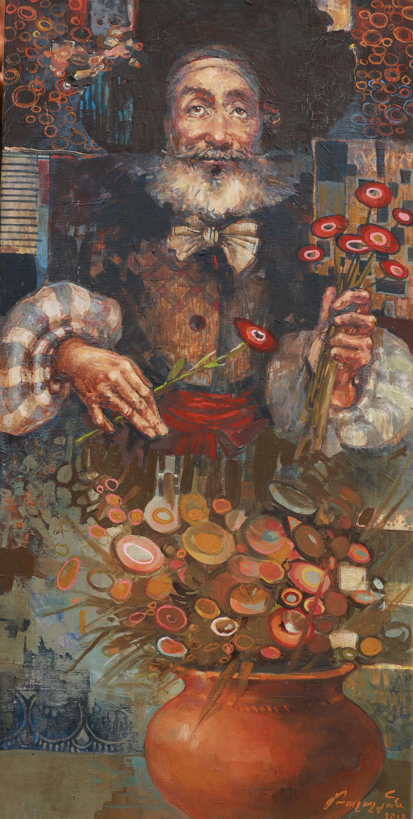 Artistic depiction of a man with flowers and a vase, possibly inspired by Rembrandt.