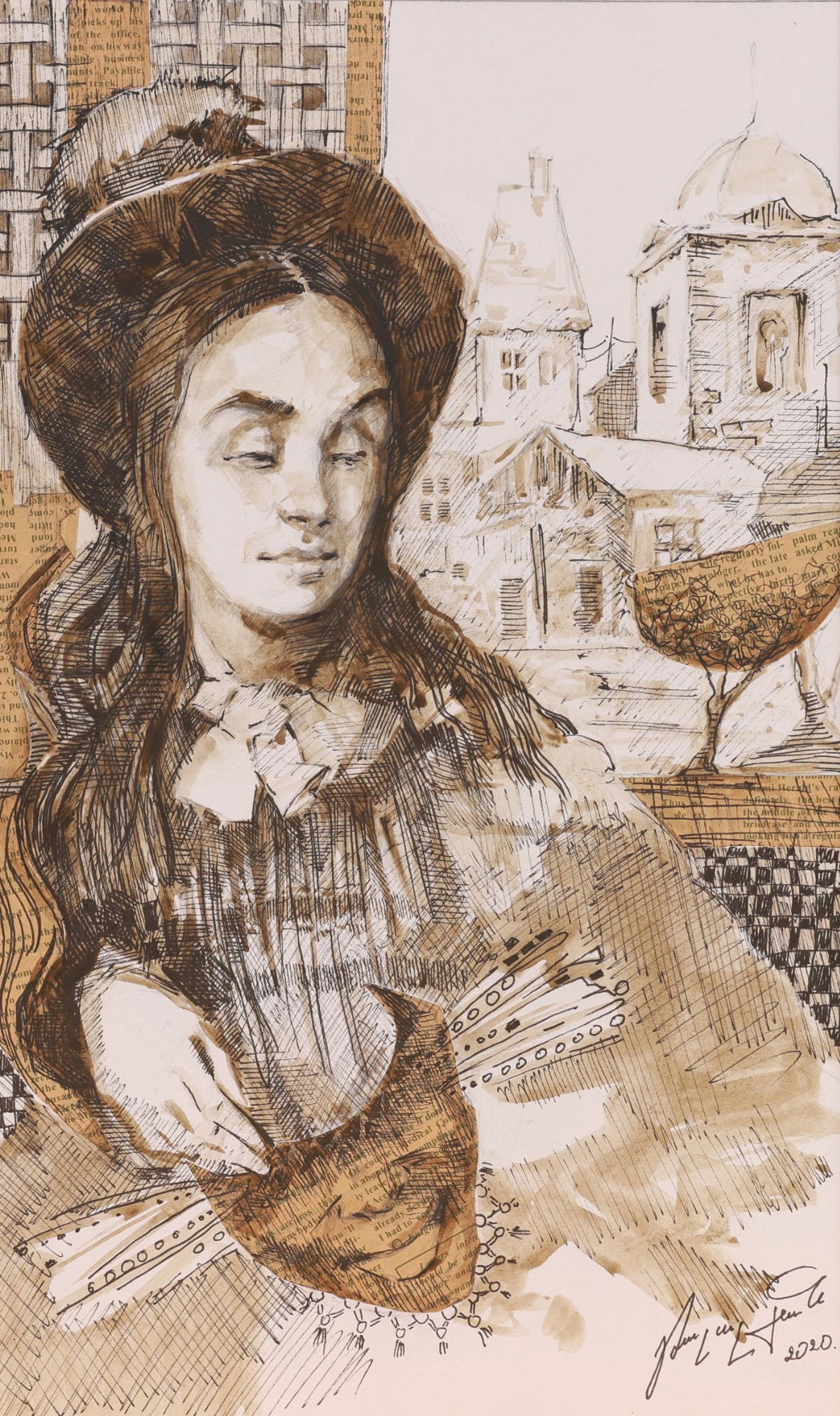 Artistic depiction of a woman with a hat and patterned dress against a cityscape background.