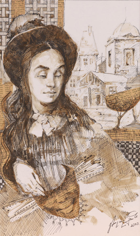 Artistic depiction of a woman with a hat and patterned dress against a cityscape background.
