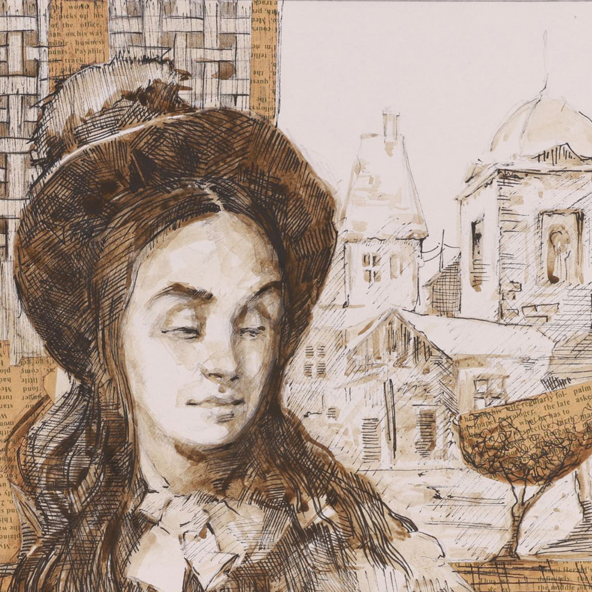Artistic depiction of a woman with a hat and a cityscape in the background