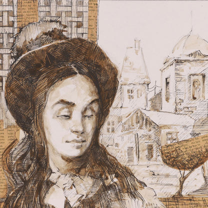 Artistic depiction of a woman with a hat and a cityscape in the background