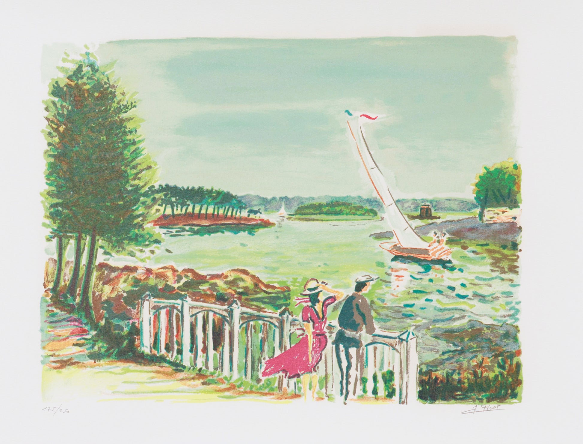 Sailing scene with a couple by a fence, trees, and water in the background