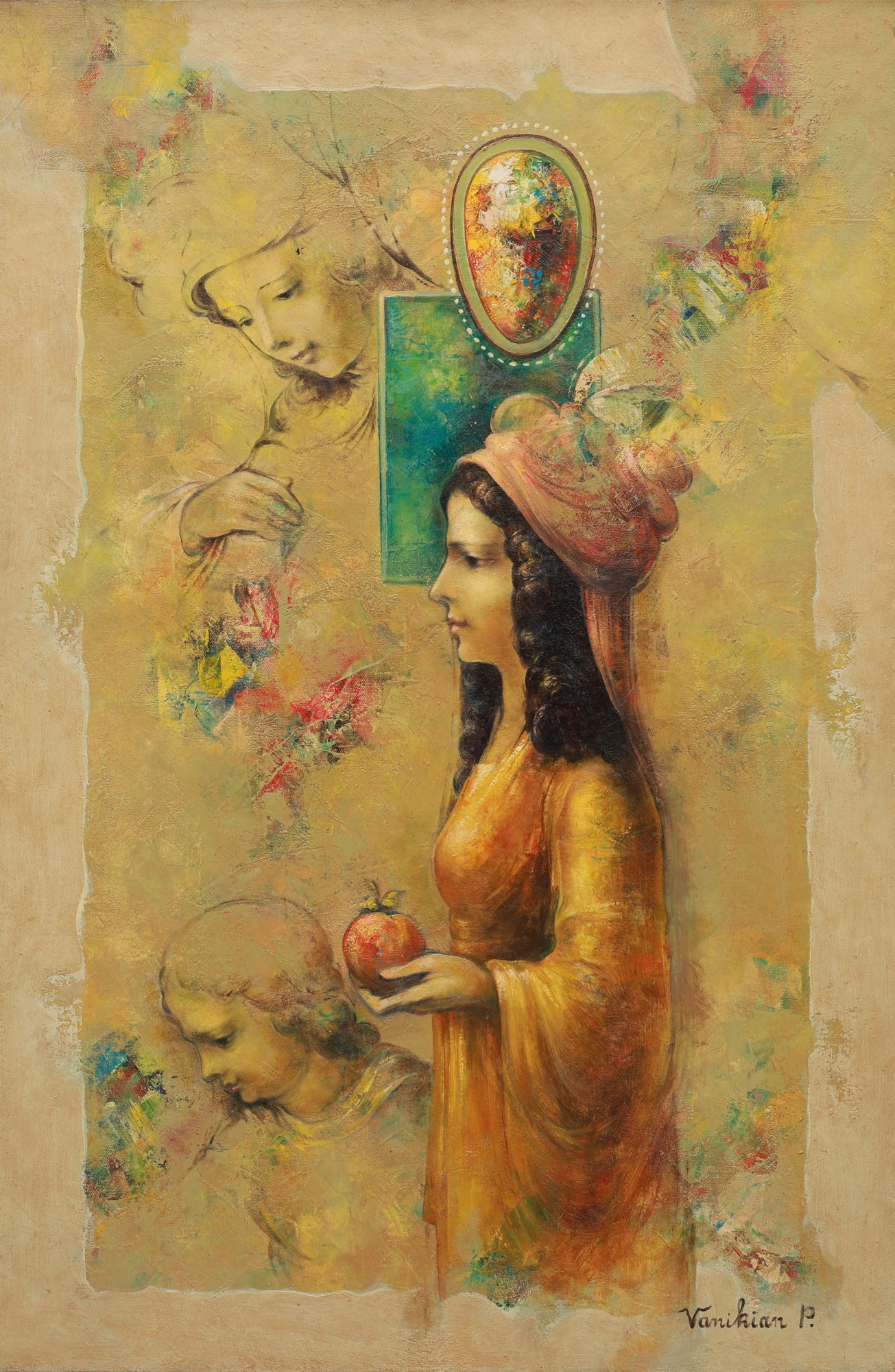Artistic depiction of a woman holding an apple with floral and portrait elements in the background.