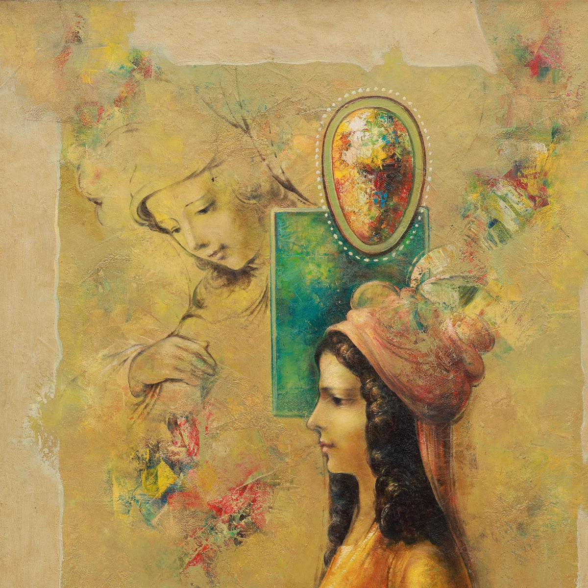 Artistic depiction of a woman with floral headpiece and another woman looking into a mirror.