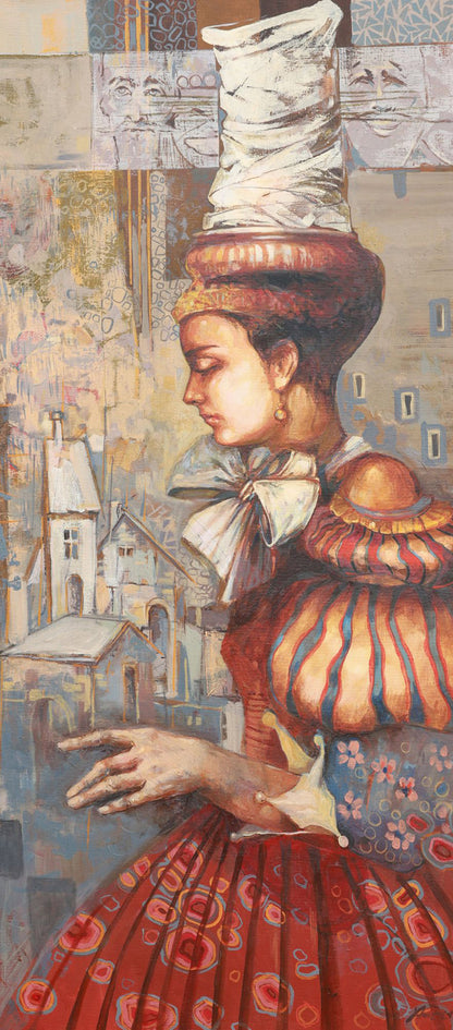 Artistic depiction of a person in historical attire with architectural elements in the background