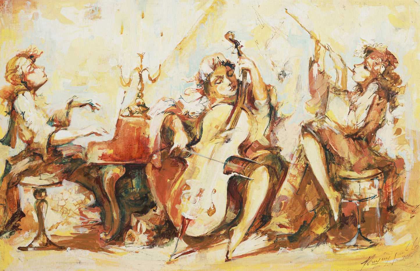 Artistic depiction of three musicians playing instruments in a classical setting.