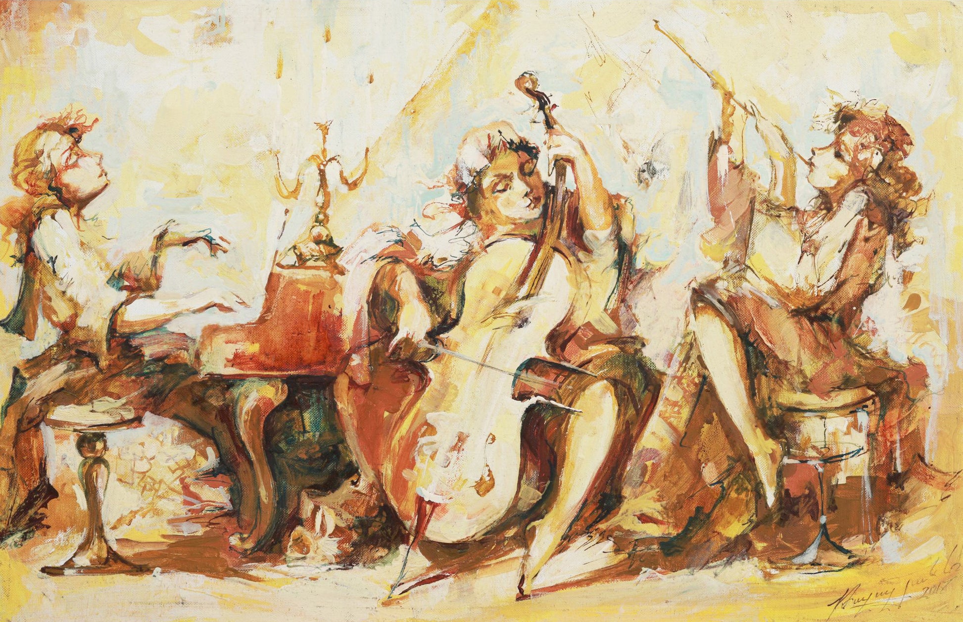 Artistic depiction of three musicians playing instruments in a classical setting.