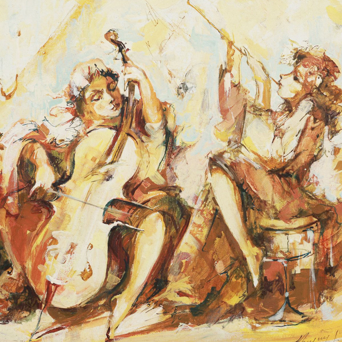 Artistic depiction of two musicians playing instruments on a textured background