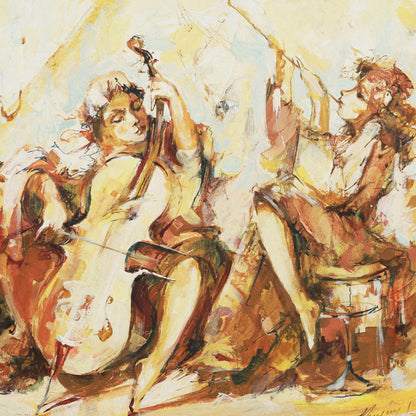 Artistic depiction of two musicians playing instruments on a textured background