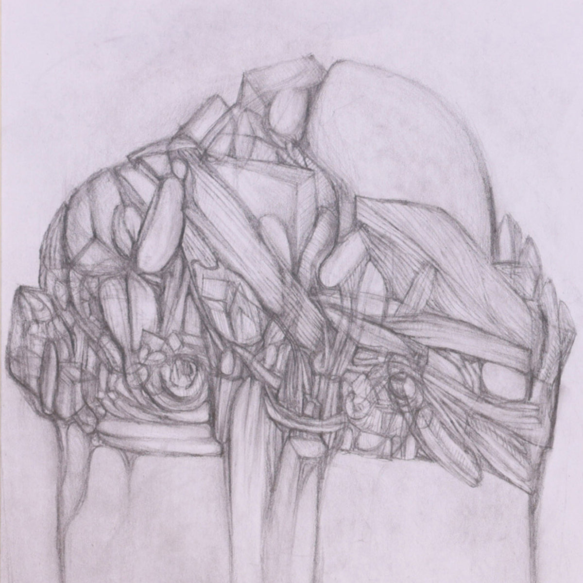 Pencil drawing of a person with a decorative headpiece on a light gray background