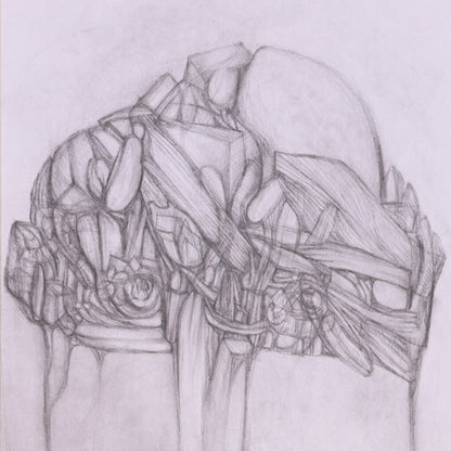 Pencil drawing of a person with a decorative headpiece on a light gray background