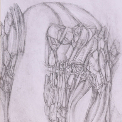 Pencil sketch of a mechanical figure with intricate details on a light gray background