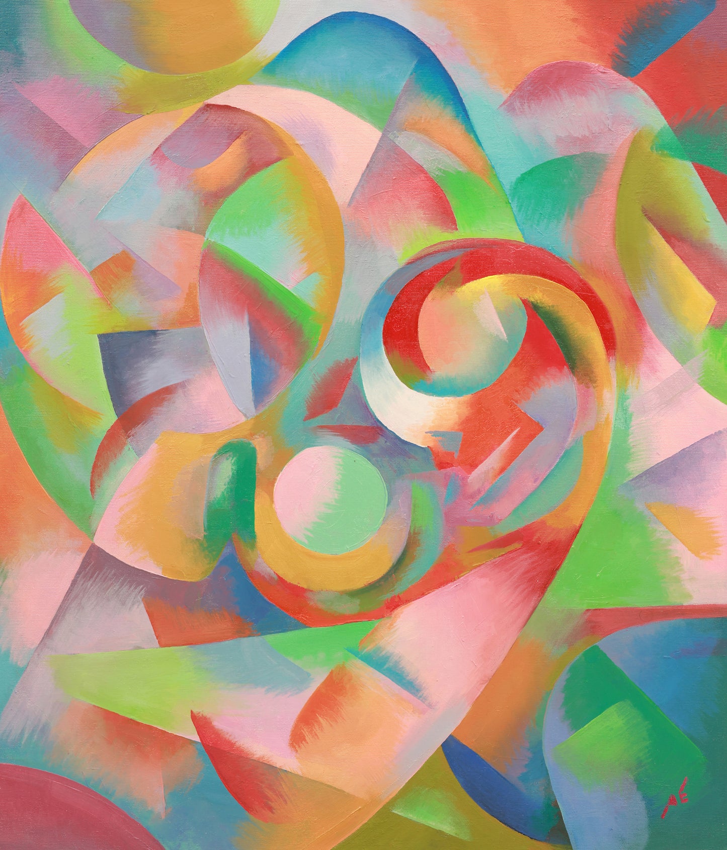 Abstract artwork with colorful swirls and geometric shapes