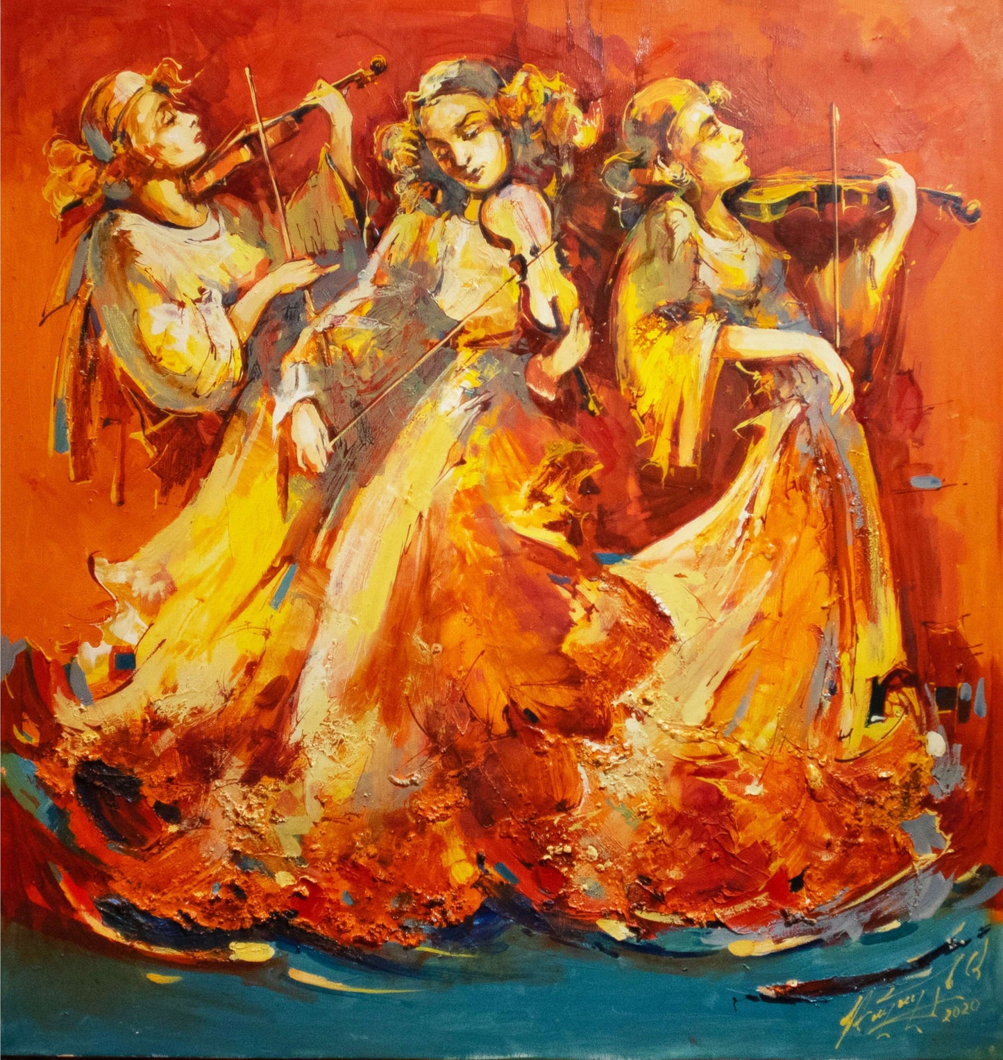 Artistic depiction of three women playing violins with a warm color palette.